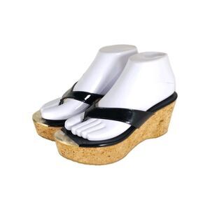 Jimmy Choo Women's Pathos Black 38 US7,5 Patent Leather Cork Thong Wedge Sandals